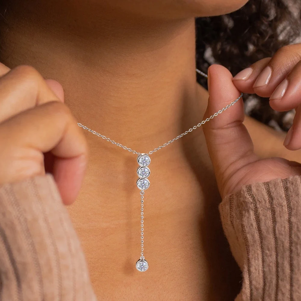Collares con Colgante de Moissanita de 3mm/5mm para Mujer, Plata de Ley 925, 4 Piedras, Borlas Largas, Cadena Clavicular de Burbujas, Joyería para Fiesta