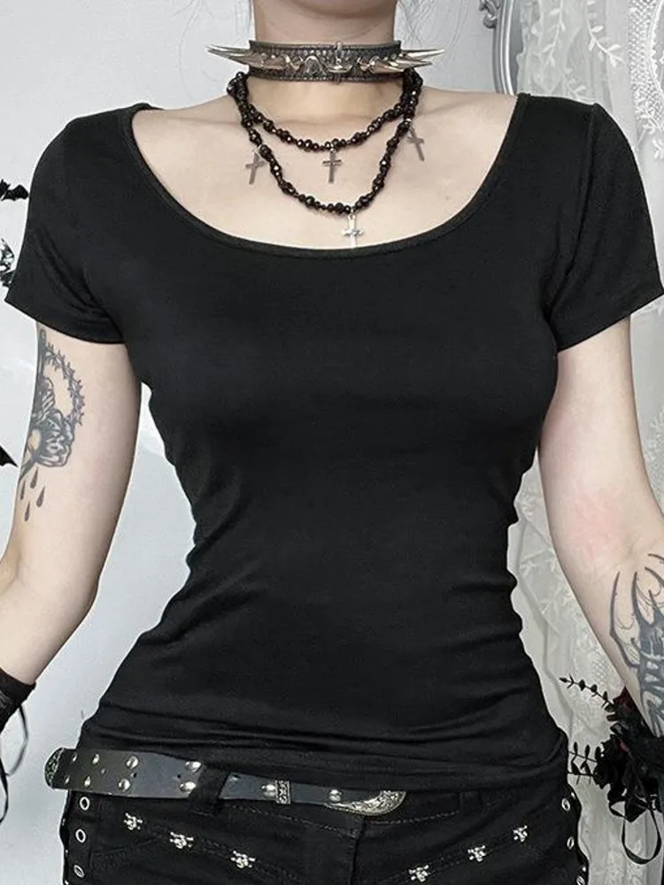Women Black Gothic Style Summer Short Sleeve T-shirt Woman Hollow Out Tops Gothic Elegant Work Shirt Top Blusas Mujer De Moda