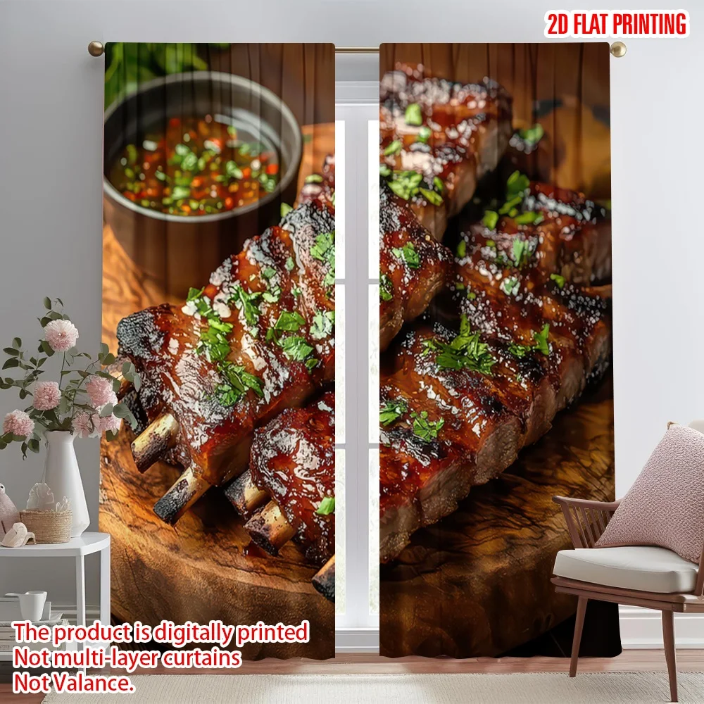 2D flat printing 2pcs Drapes Savory Grilled Ribs Digital Printed Polyester Drapes Festive Curtains Perfect for Yard & Garden