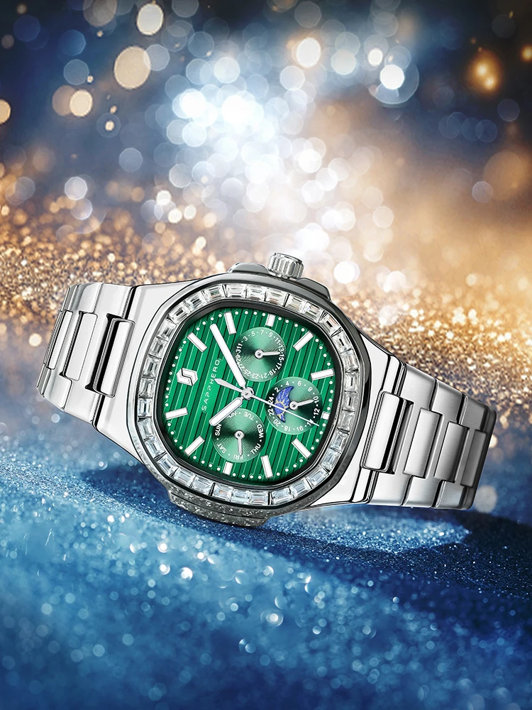 SAPPHERO Relojes para hombre Relojes de cuarzo de negocios de lujo Relojes luminosos con diamantes de acero inoxidable Relojes Regalos para hombres