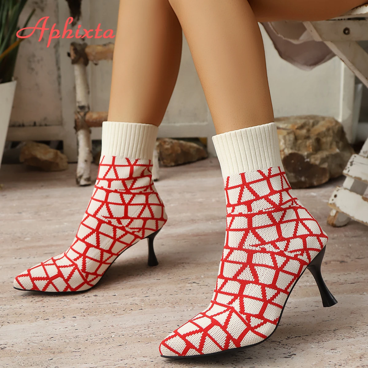 Aphixta, diseño de rayas, 7,5 cm, tacones finos, calcetines, botas para mujer, talla grande 43, tela elástica, zapatos elásticos con punta estrecha, botines para mujer