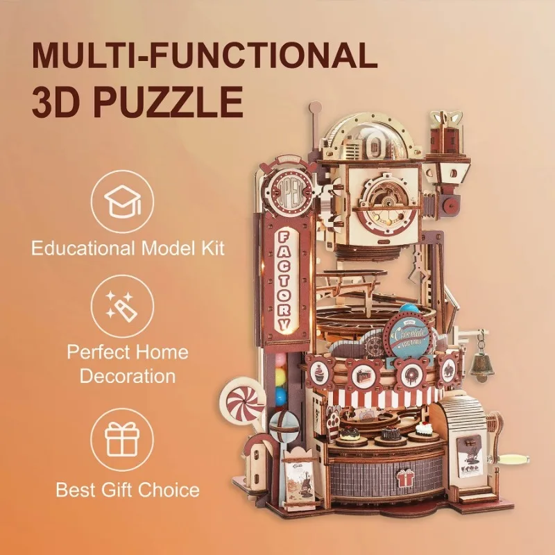 3D fabryka czekolady drewniane Puzzle, prezent urodzinowy, DIY ręcznie robione drewniane kreatywne ozdoby, obrotowe i oświetlone