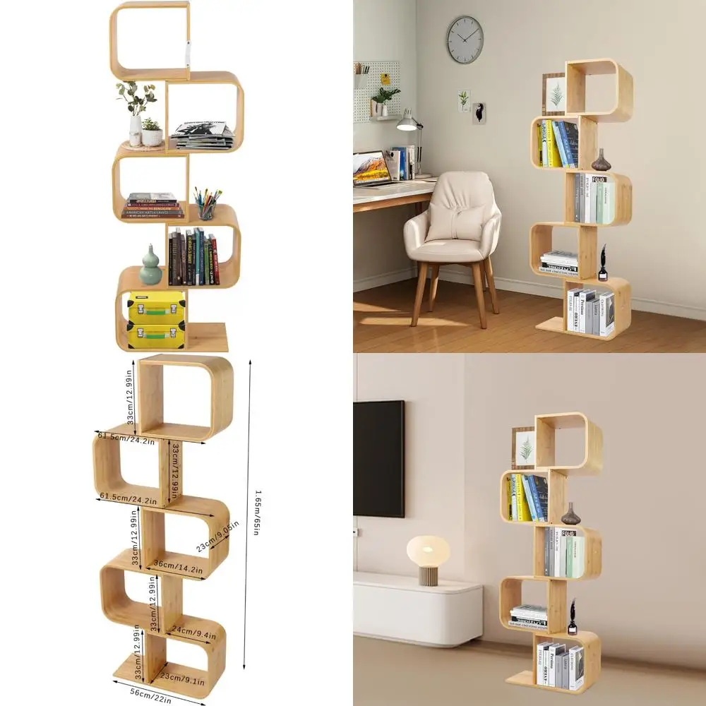 Duży, nowoczesny regał bambusowy - 5-poziomowy regał w kształcie litery S do przestronnego, dekoracyjnego przechowywania