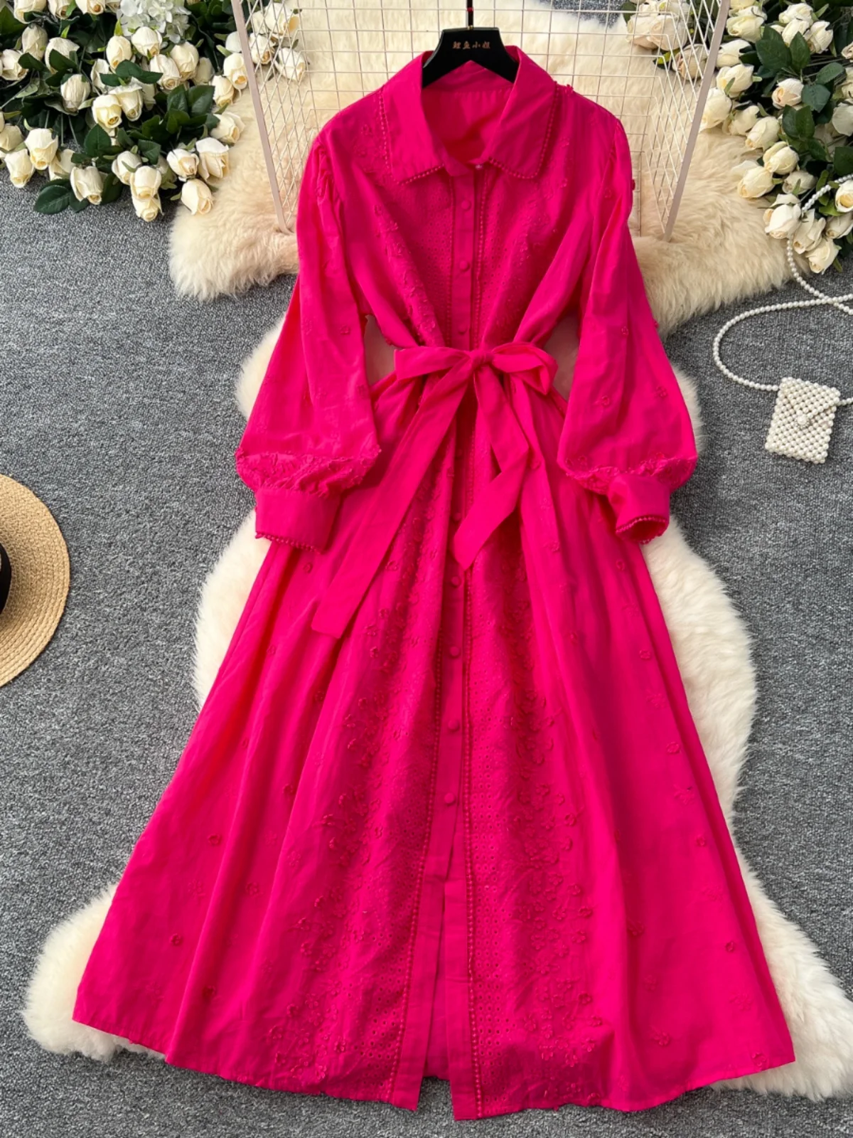 Ele minceur Long Dr avec broderie lourde ceinture taille et lanterne Sves rétro col montant femme Faionable Dr