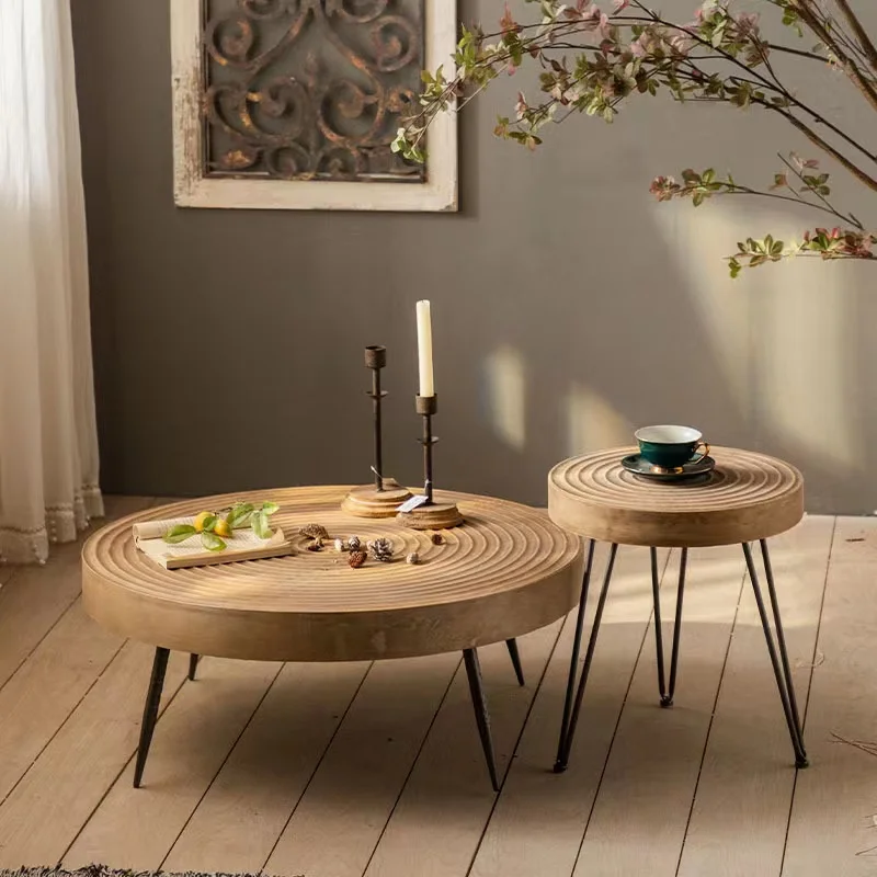 Japanese Vintage Minimalist Style Wooden OAK Round Table Modern Design For Living Room Solid Wood Coffee Table With Iron Legs