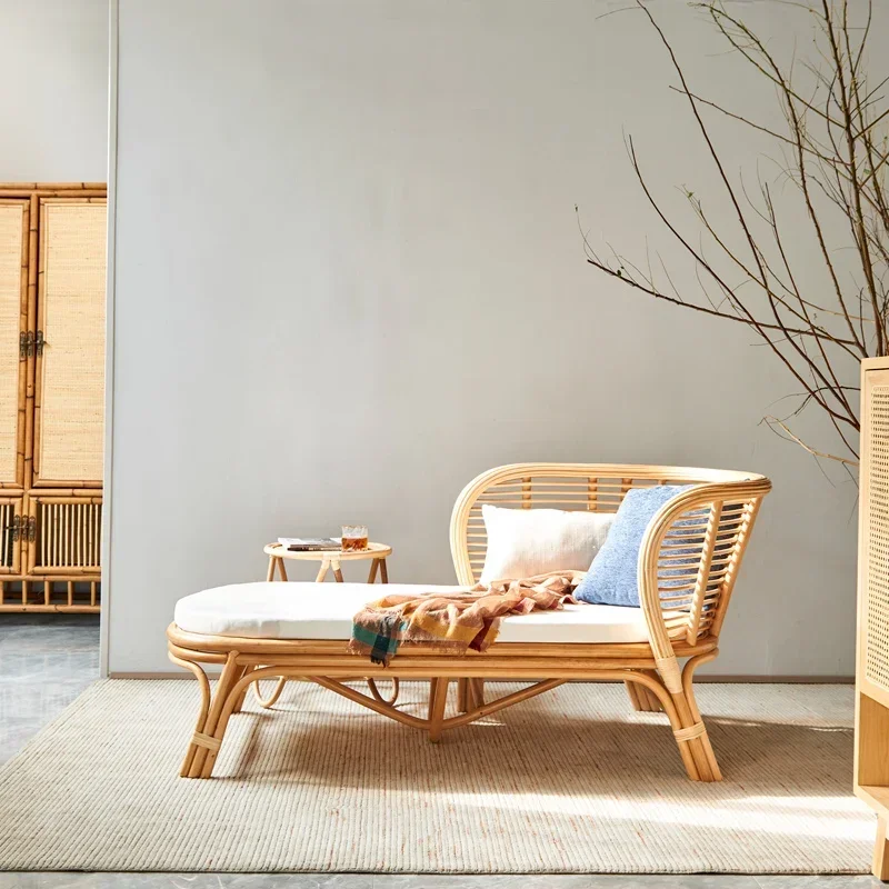 Ls51Japanese Rattan Sofa Home Living Room Real Rattan Chaise Longue Modern Minimalist Bed & Breakfast Sofa Bed