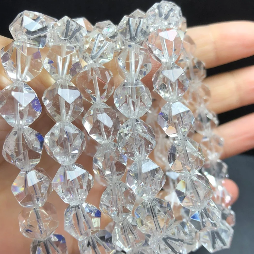 Natural Clear Quartz Facet Diamond Bead Bracelet Healing Fengshui Gemstone Round Beads Jewelry Couple Holiday Gift 1PCS