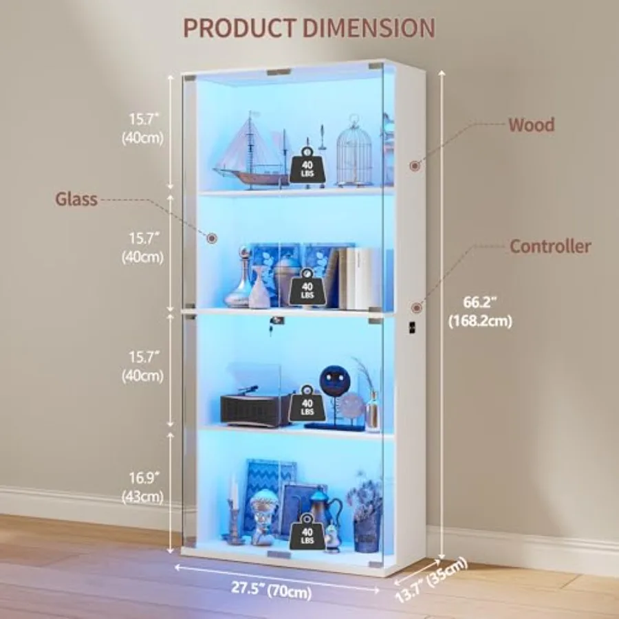 66 Glass Display Cabinet for Collectibles, Toys, Books - White Tempered Glass with 3-Color LED Lights, Lockable Storage, Motion view 2