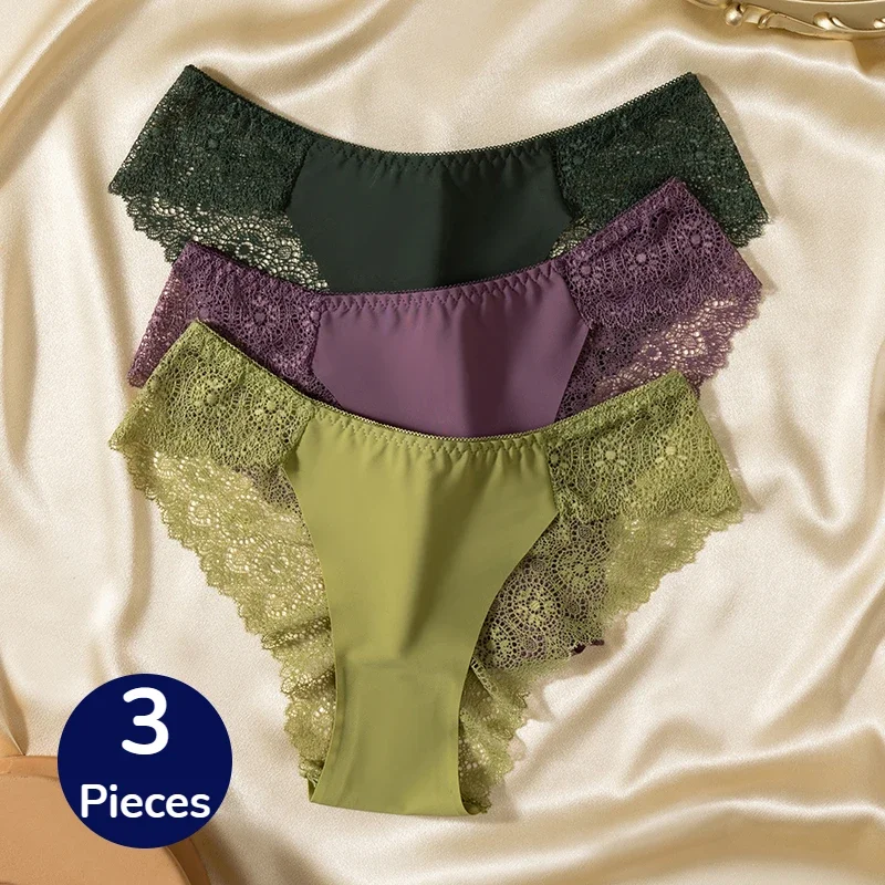 2024 3PCS/Set Sweet Women's Panties Silk Satin Underwear Lace Sexy Lingerie Girls Breathable Briefs Soft Comfortable Panty