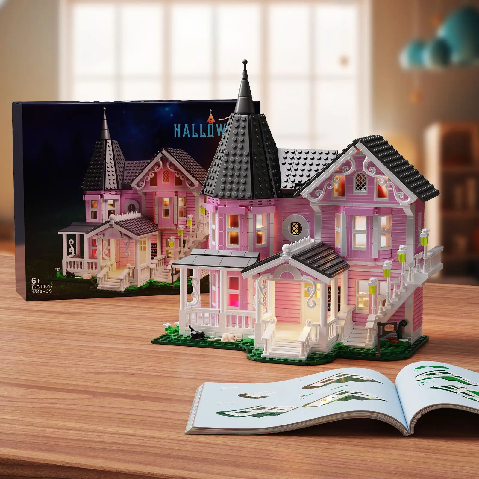 Ideen Coralines Pink Palace Black Cat Baustein-Set Modell Wohnung Filmarchitektur Spielzeug für Jungen und Mädchen Weihnachtsgeschenk