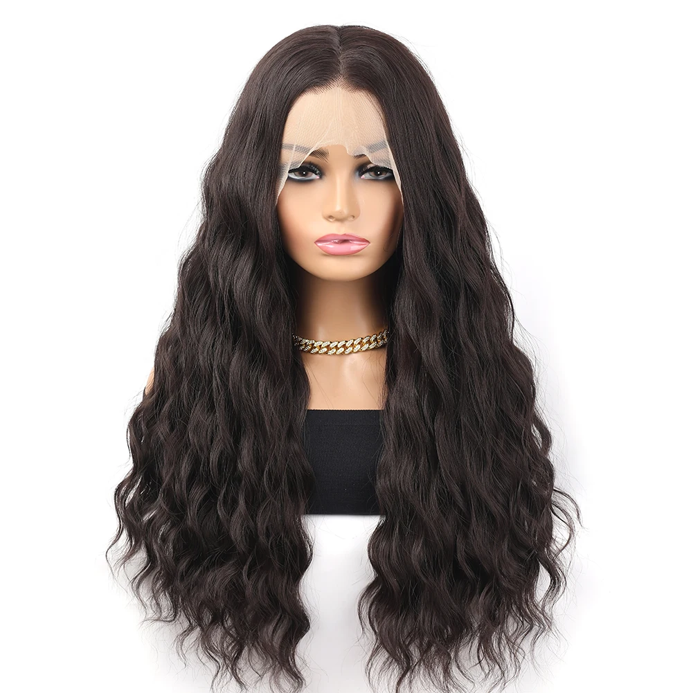 

Темно-коричневый волнистый вьющийся термостойкий комплект париков для косплея для женщин 13 × 4, прозрачное кружево, ежедневный вариант