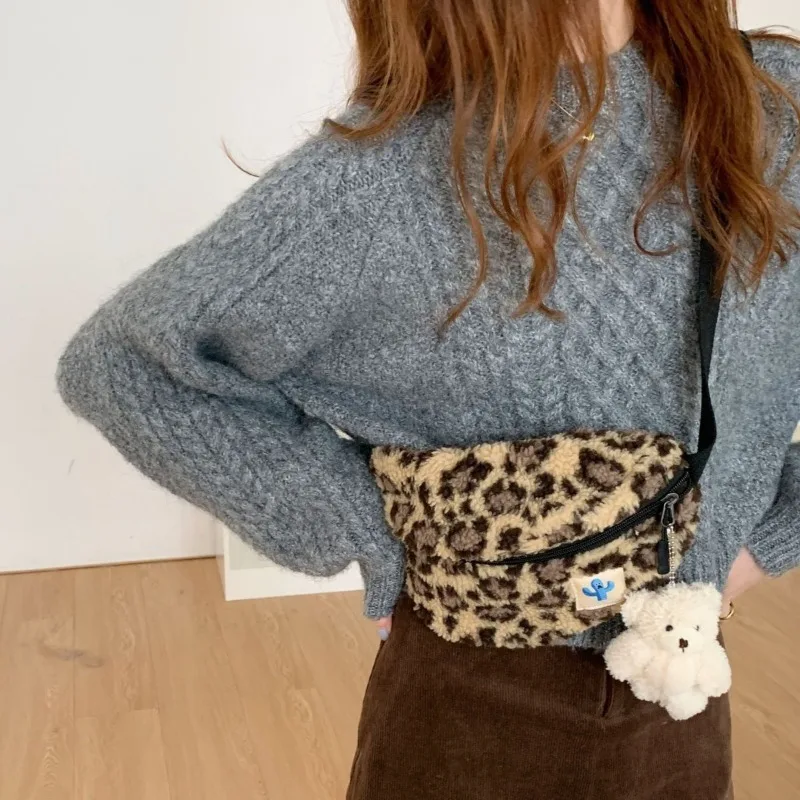 

Корейская модная модная сумка через плечо из искусственного меха с леопардовым принтом Y2K, модная поясная сумка с большой вместительной поясной сумкой, кошелек на плечо