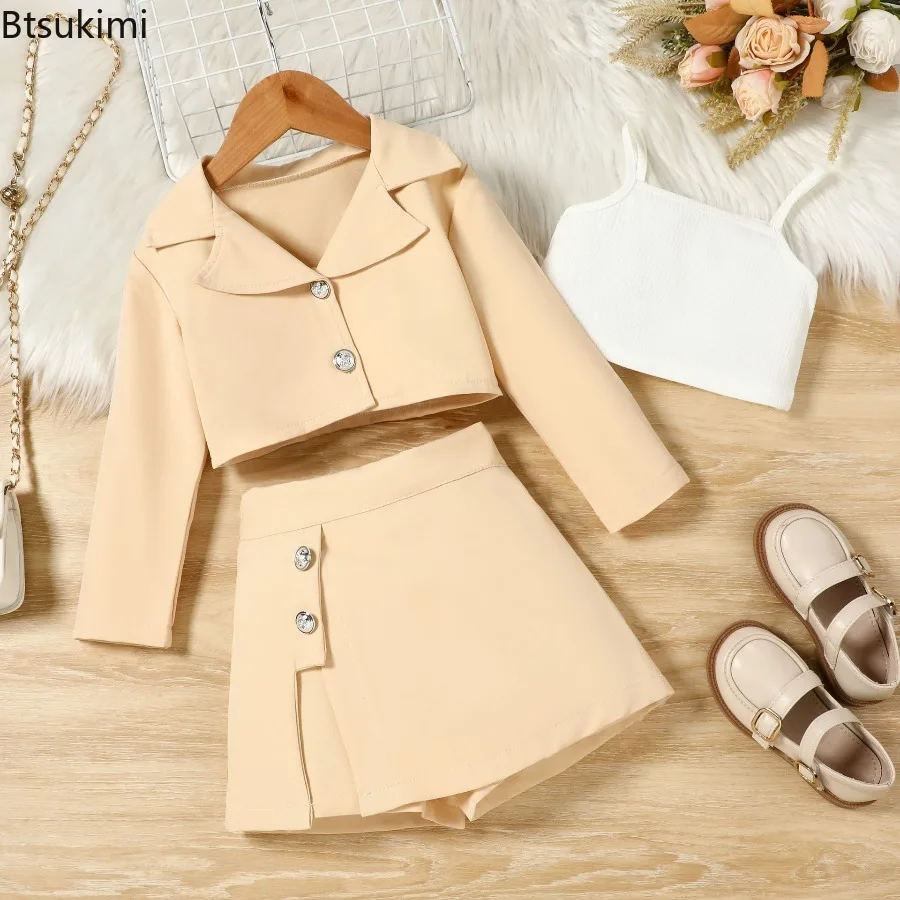 2026 Children's Clothing Spring Autumn New Girls' Lapel Long Sleeved Jacket + Camisole Inner Layer + Skirt Pants Three Piece Set