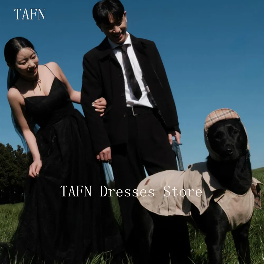 

TAFN Black Elegant Wedding Dresses A-line Draped Tulle Korea Shooting Dresses V-Neck Spaghetti Straps Evening Dress Custom Made