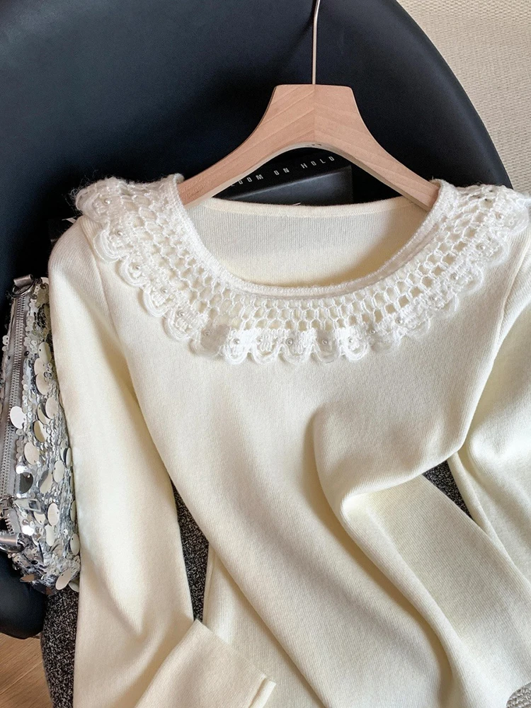 Hollow out lace doll neck knitted sweater women autumn and winter chic small fragrance style temperament elegant base top