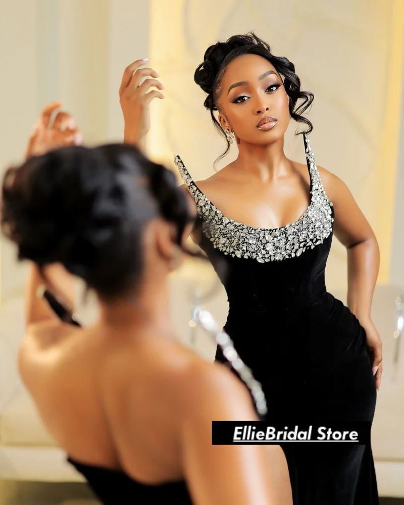 Elegant Black Velvet Strapless Mermaid Evening Dresses Nigerian Long High Split Prom Gowns For Women Vestido De Festa Customized