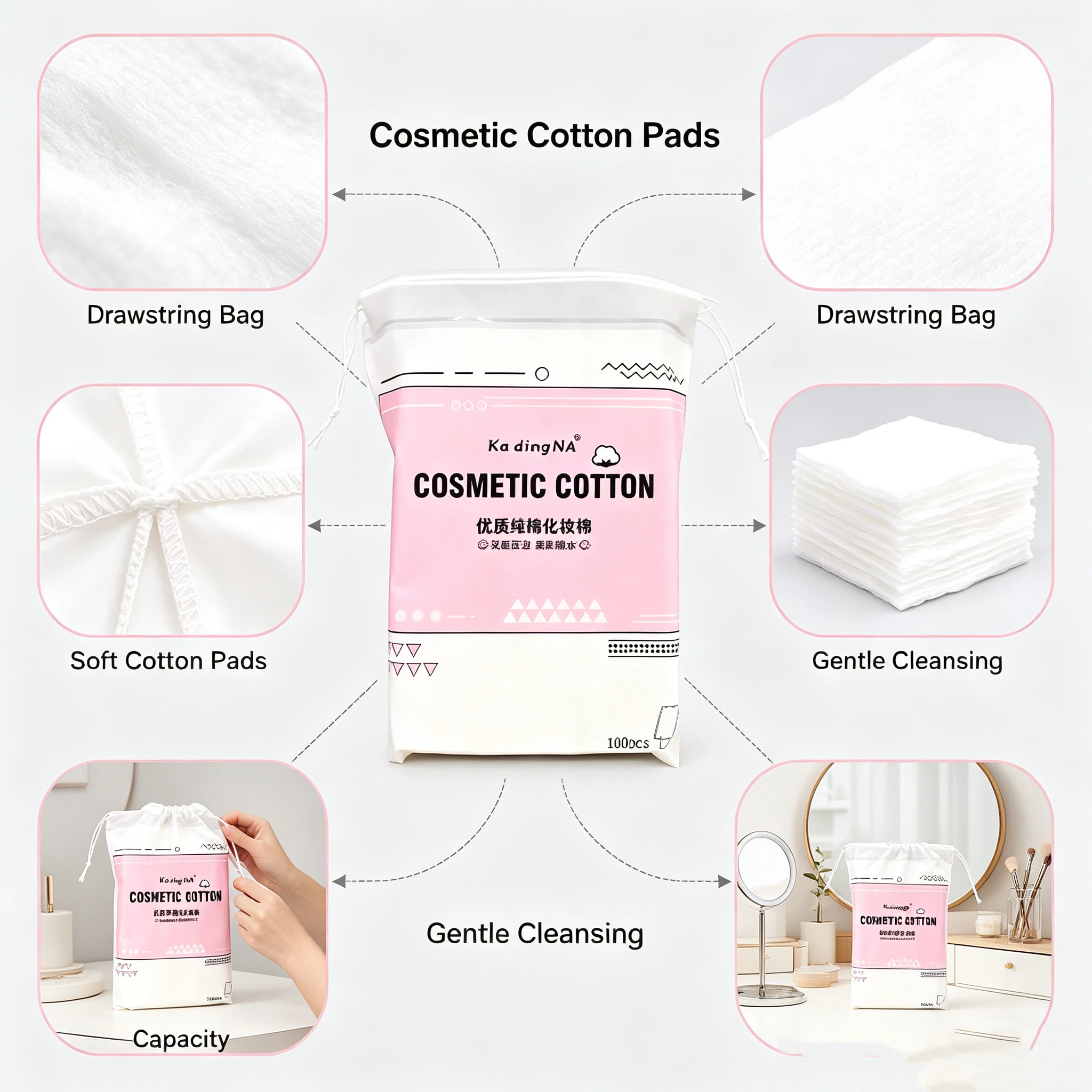 Lock-Pocket Hemmed Cotton Pads: 100 Pieces of Double-Sided Wet Compress & Makeup Remover Pads – Lint-Free and Skin-Friendly