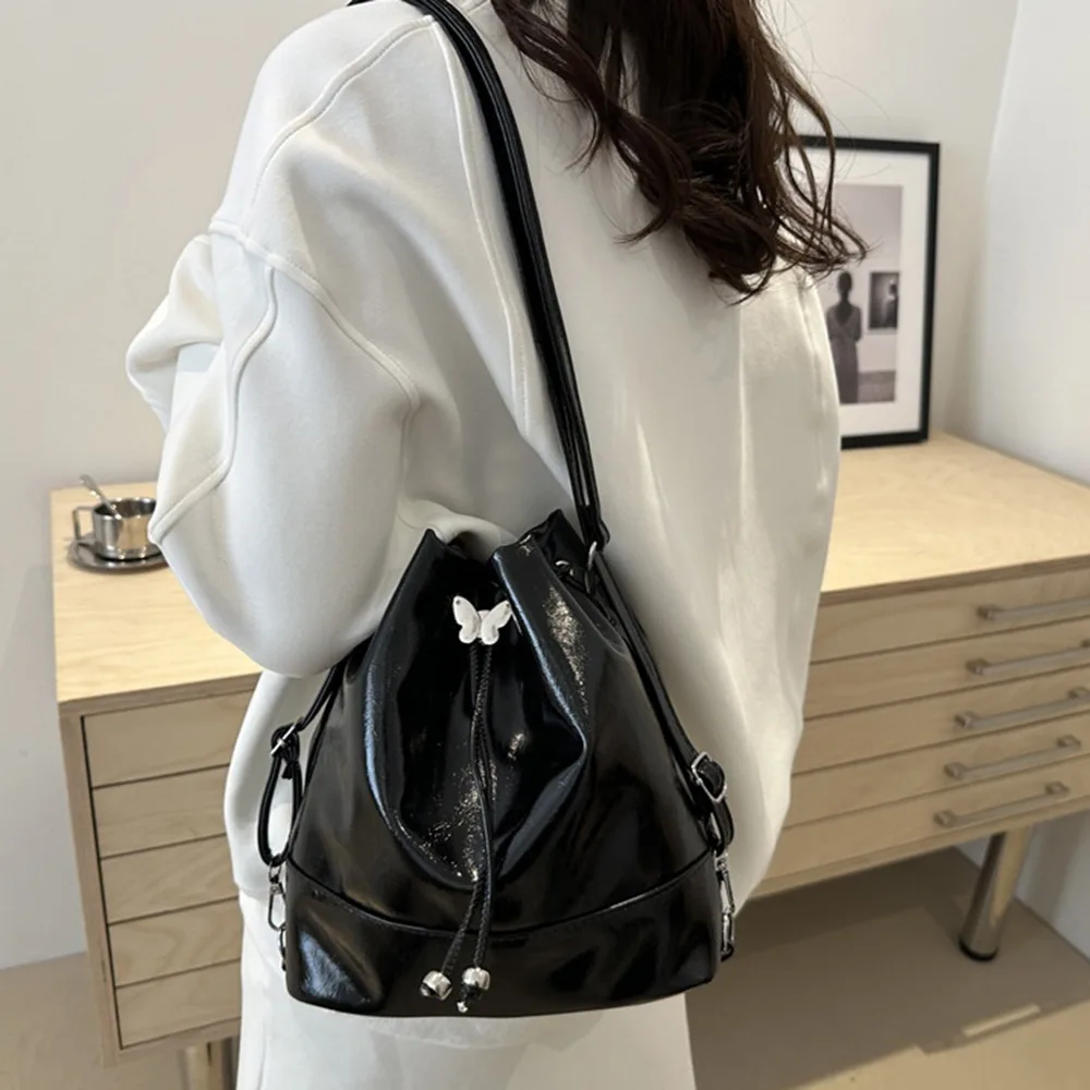 

Preppy Style PU Bowknot Backpack Sweet Large Capacity Drawstring Bucket Bag Casual Solid Color Students Backpack Unisex