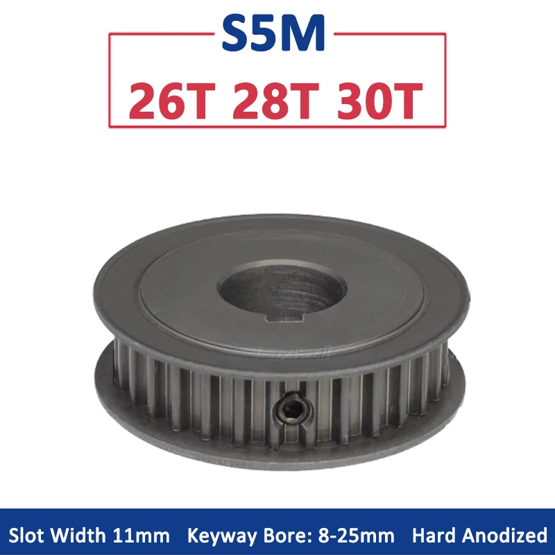 

1pc 26 28 30 Teeth S5M Timing Pulley 26T 28T 30T Hard Anodized Aluminium Synchronous Wheel Keyway Bore 8-25mm Slot Width 11mm