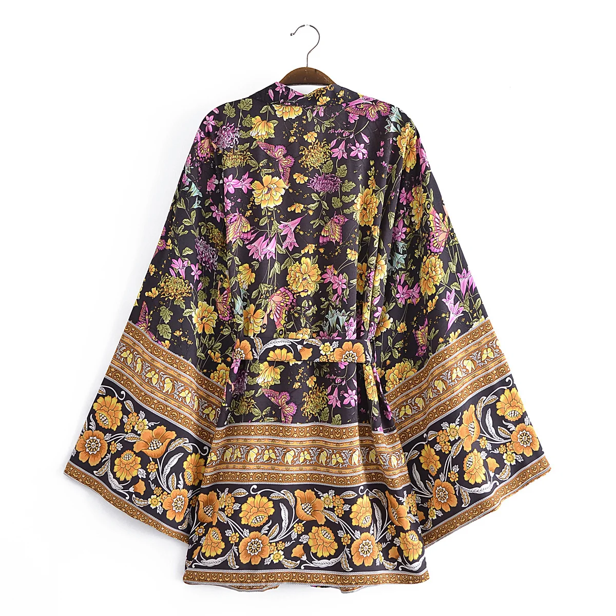 BOHO Women Black Butterfly Flower Print Kimono Shirt Holiday Beach Tide Bow Sashes Midi Cardigan Summer Blouse BOHO Tops