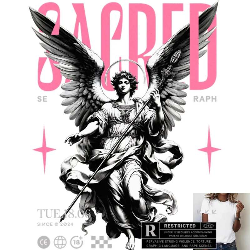 Vintage Angel Graphic Heat Transfer White Ink Iron - on Patch, Trendy Street - style Decor for T - shirts/Clothing, Versatile
