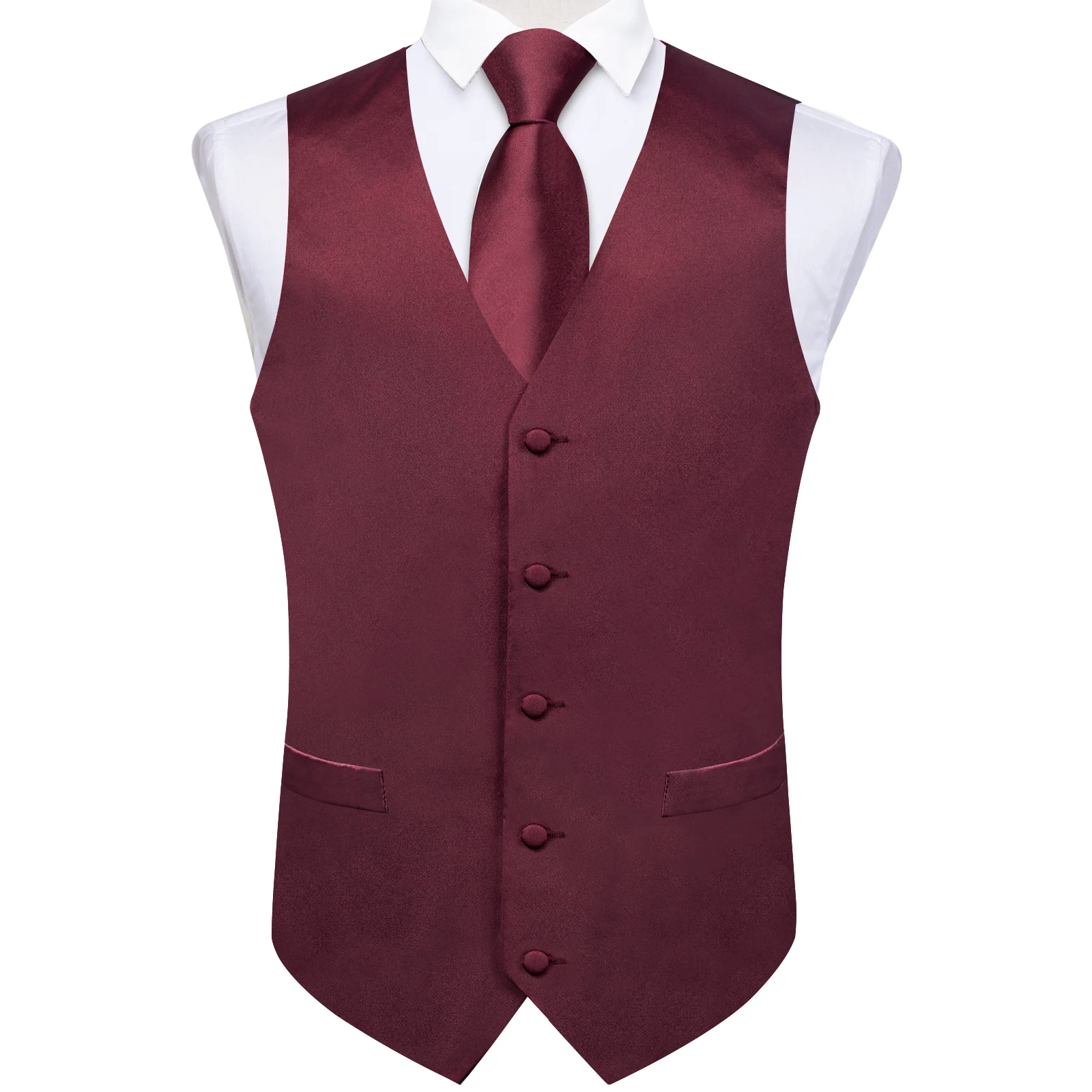 Fashion Men Solid Burgundy Vest for Wedding Party Business suit for Spring Fall Waistcoat Necktie Pocket Square Set Accessories