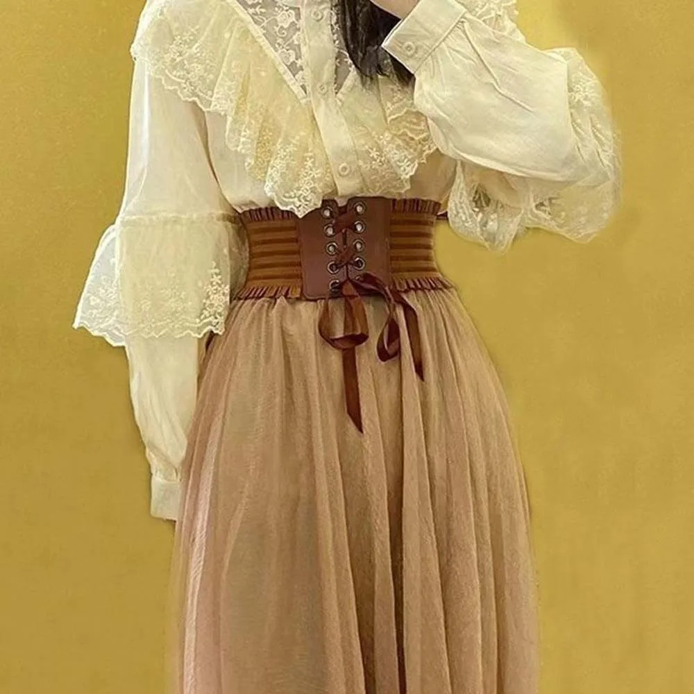 Adjustable Elastic Pleated Cummerbunds Polyester PU Wide Corset Waistband Skirt Accessories Strap Rope Elastic High Wide Belt