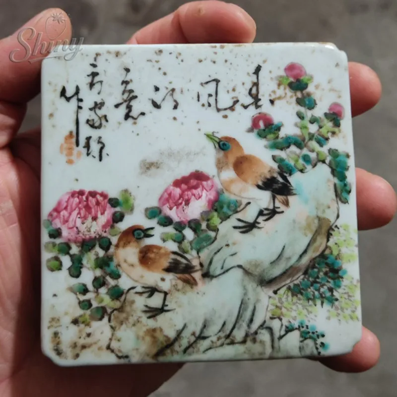 

3,5 "антикварный китайский цветной керамический квадратный чернильный картридж с чернилами и птицами, винтажные коллекционные предметы домашнего декора