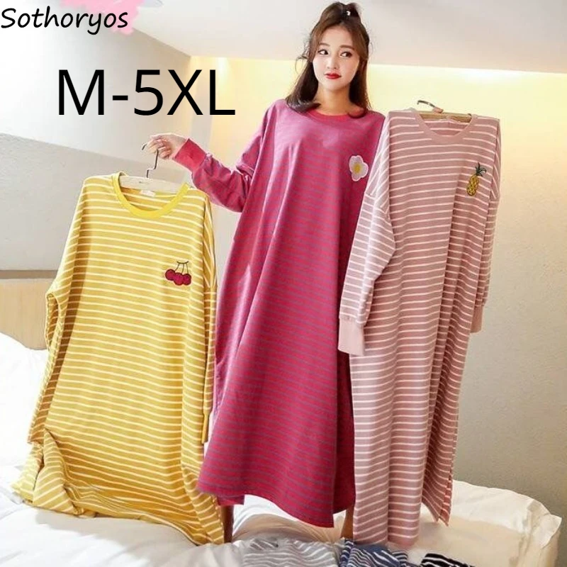 

Свободные ночные рубашки, Женские Простые, в полоску, средней длины, с мультяшным принтом в виде фруктов, осенняя Женская одежда для сна с круглым вырезом и длинным рукавом, конфетных цветов