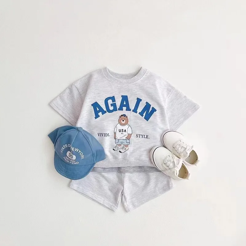 TZ22077 Children Cloth Set Summer&Spring Bear T shirt+Shorts for Newborn Baby Casual Jogger Set 2 Pieces for Toddler Boys&Girls