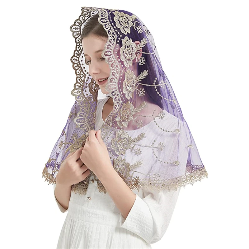 Catholic Veils for Women Mass Lotus-Shaped Gold Embroidered Venice Spanish Style Chapel Head Covering Christian Prayer Purple