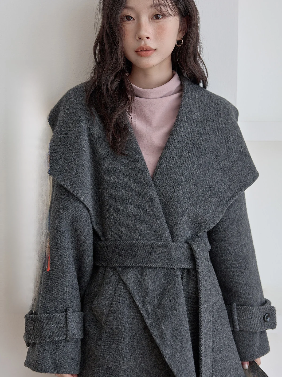 

HuiXi ey Double-Sided Woolen Coat Women's Winter Faion Ele Middle-Length Outerwear Korean Sle Loose Fit Long Sve