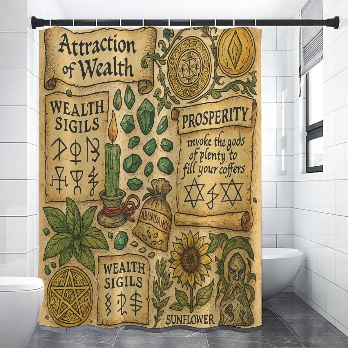Mystic Wealth Magic Attraction of Wealth Prosperity Sun Flower Boho Bathroom Shower Curtain Tapestry