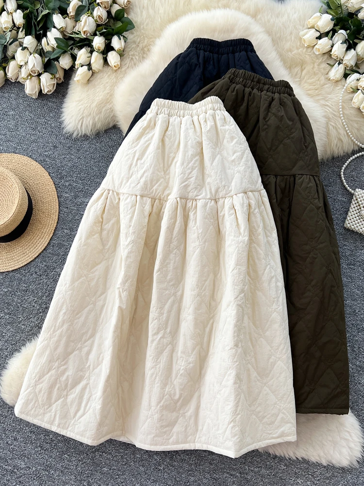 Falda informal gruesa y cálida Retro para mujer, faldas largas acolchadas de Color sólido, estilo Vintage, otoño e invierno, 2025