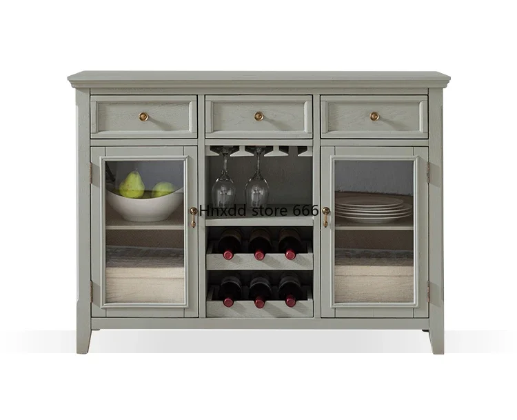 Three buckets and two doors entrance solid wood dining side cabinet with wine rack