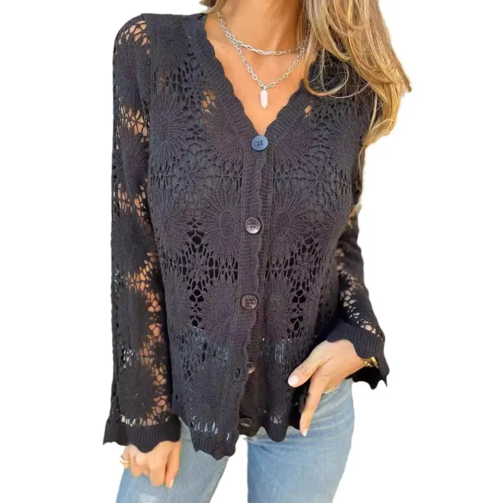 

Women's Lace V-neck Long Sleeve Top New Independent Station for Europe And USA Fashion Small Shirt