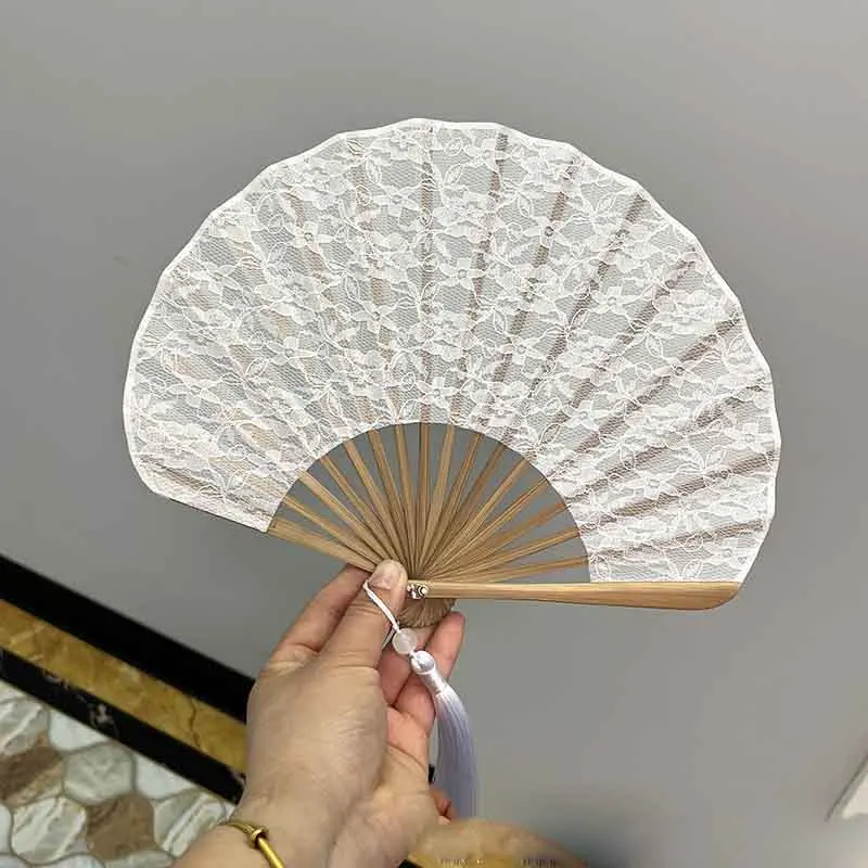 White Floral Lace Folding Fan Natural Bamboo Hand Fan with Tassel Chinese Style Wedding Bridal Photo Prop Handheld Fan