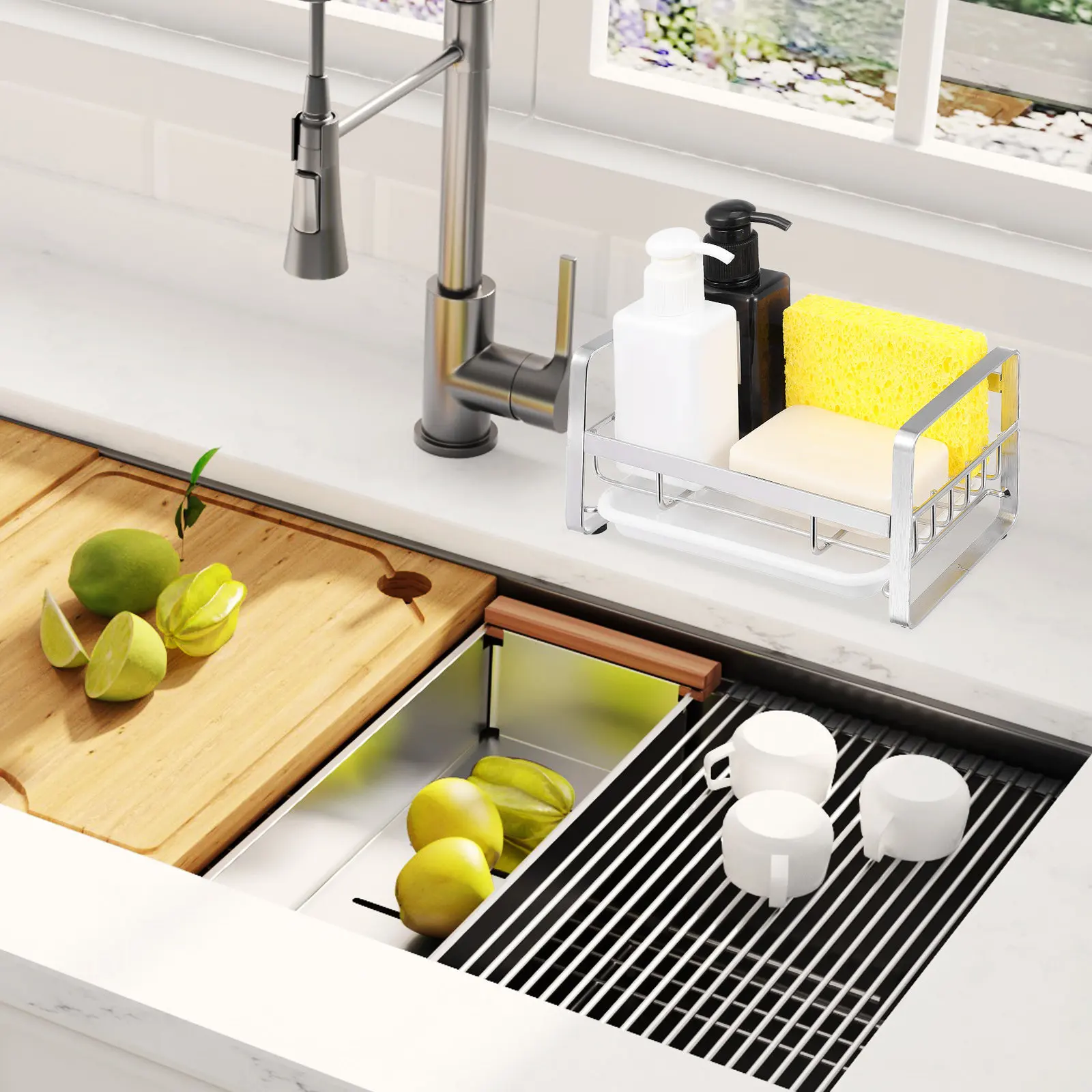 

Stainless Steel Sponge Holder Kitchen Sink Organizer Sink Storage Rack Dish Brush Holder Sponge Tray with Draining Tray Kitchen