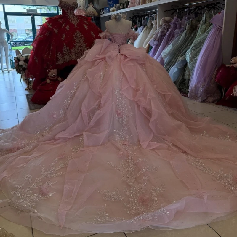 Pink Shiny Quinceanera Dresses Off The Shoulder Sequin Applique Flower Beading Crystal Bow Tull Party Birthday Sweet 16 Dress Ve