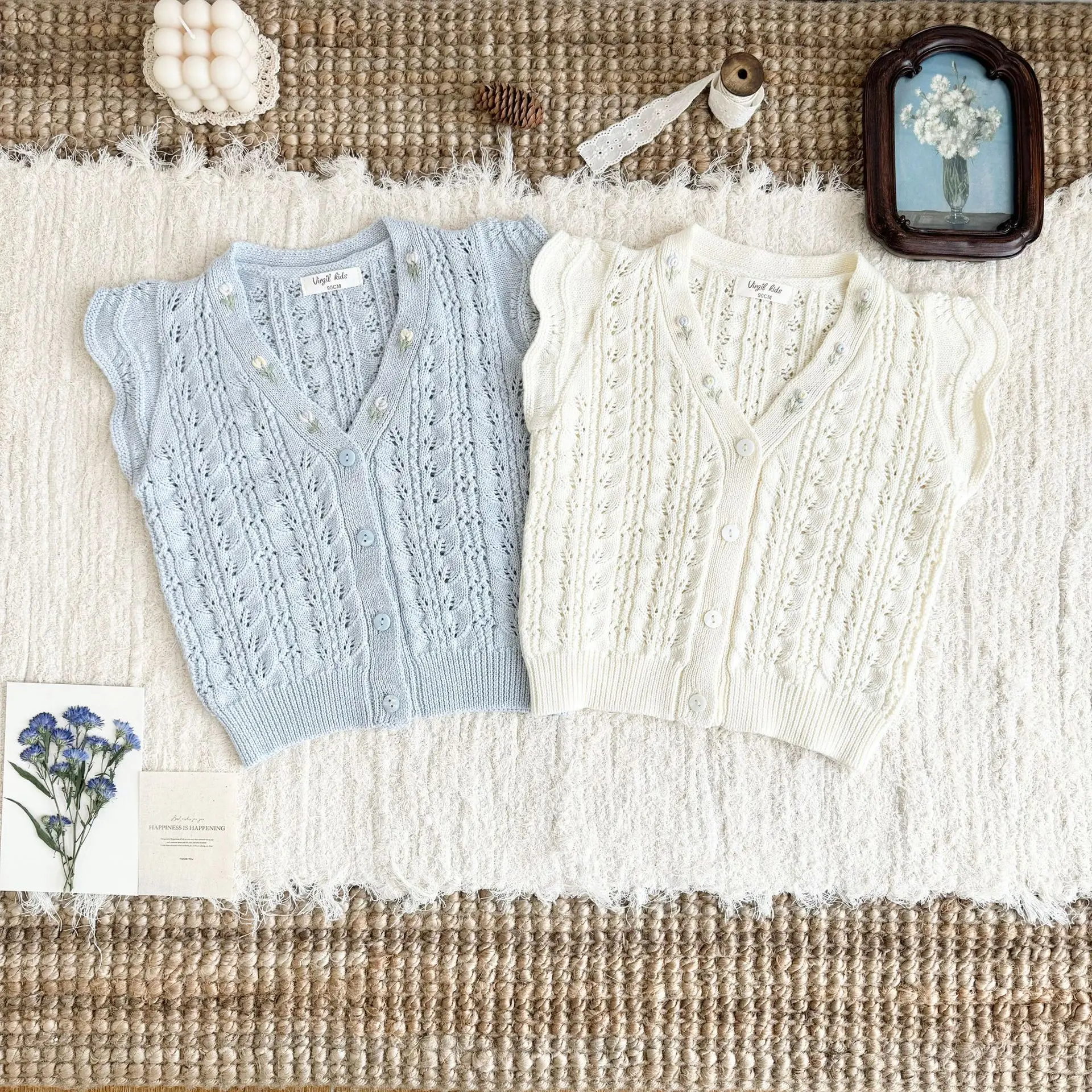 Fall Winter 2026 New Girls French Hollow Knit Vest Korean Stylish Solid Light Blue Hand Embroidered Vest