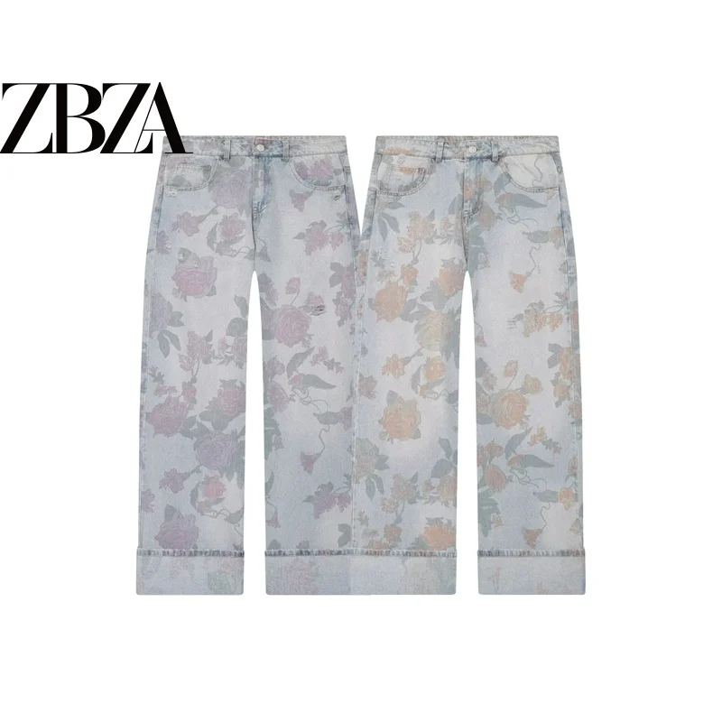 Loose Printed Low Waist Commuter Style Jeans Casual Straight Leg Pants for Women Polyester Fabric Summer 2026 Natural Waist