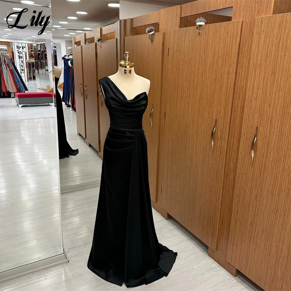 Lily Black Prom Dresses Sweetheart Evening Dress Simple One-Shoulder Mermaid Party Dress With Pleat Satin فساتين مناسبة رسمية