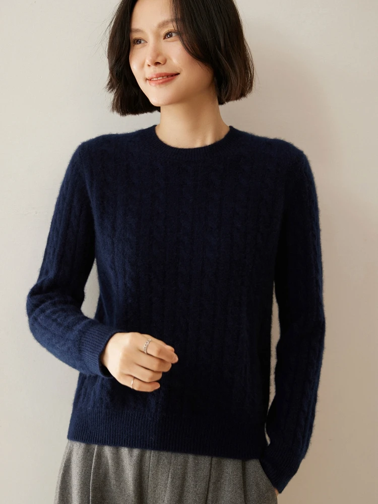 Women's O-Neck Pullover Tops 100% Cashmere Sweater Autumn Winter Cable Stitch Grace Temperament Warm Casual Loose Basic Style