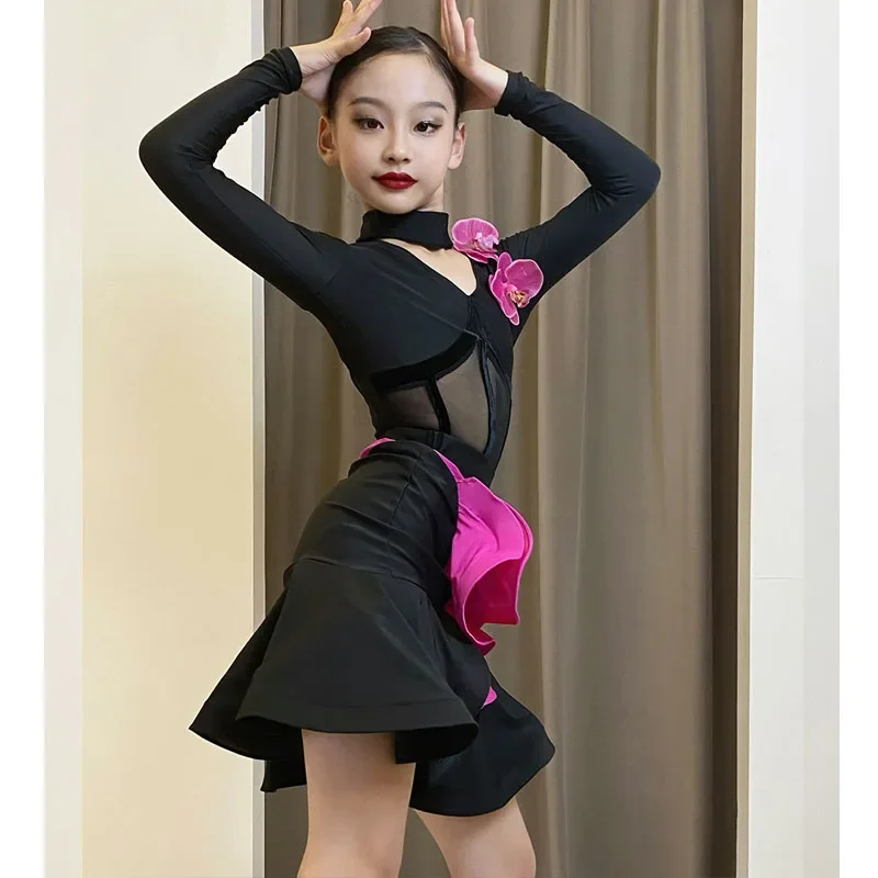 2023ฤดูใบไม้ร่วงและฤดูหนาวใหม่ชุดเต้นรําละตินผงสีดําฤดูใบไม้ร่วงเด็กHigh-End ProfessionalแยกBodyการฝึกอบรมเสื้อผ้า