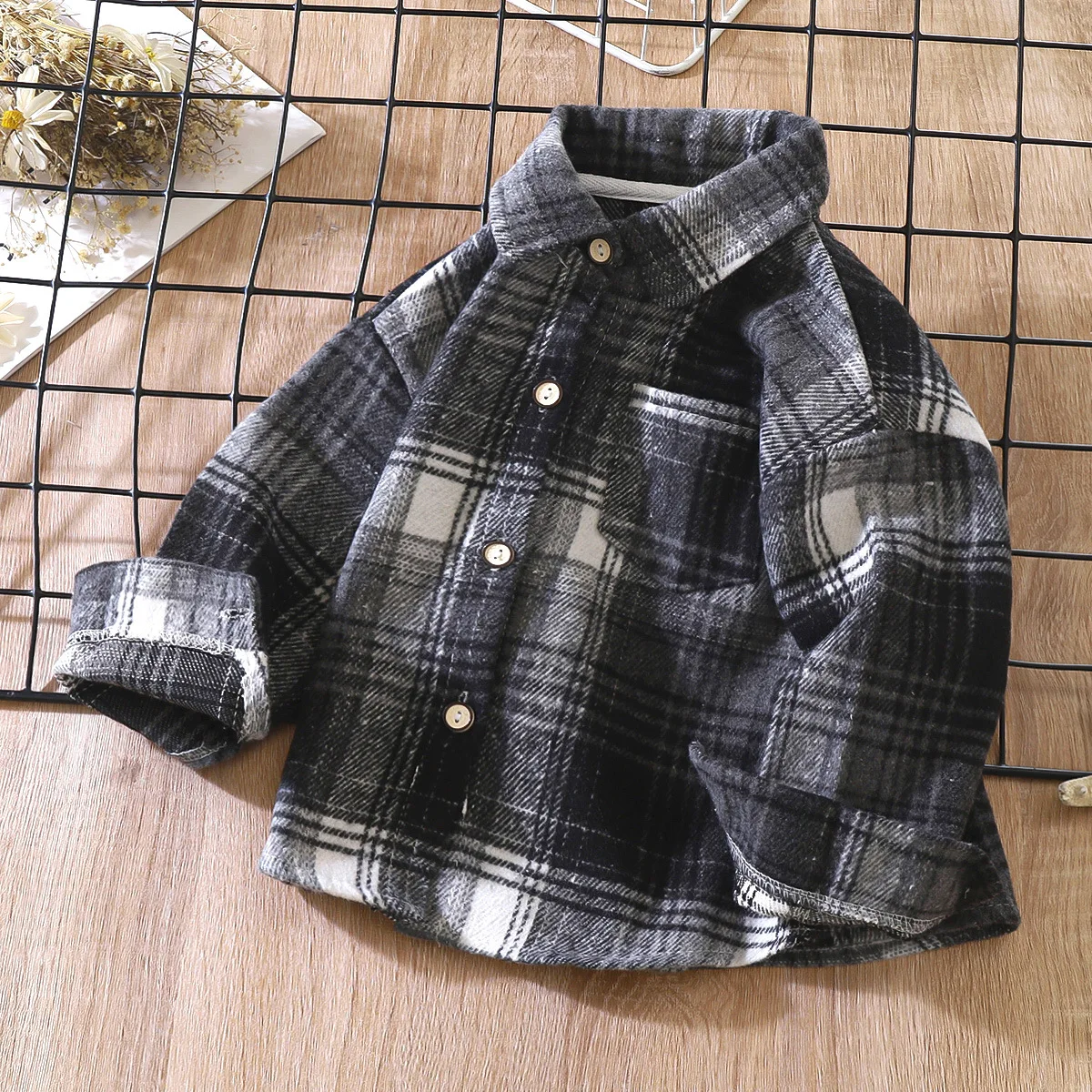 Boys' Long Sleeved Autumn Plaid Shirt, Children's Retro Color Blocked Cardigan, New Style Lapel Top Jacket, Girls' Jacket