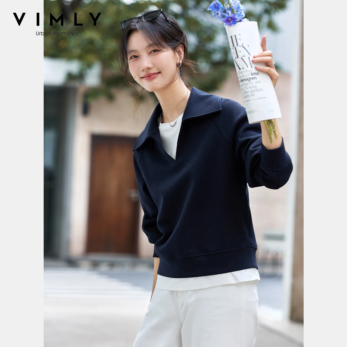 VIMLY Sports Women Sweatshirts Autumn 2025 Navy Blue Knitted Female Sweatshirt Elegant Office Wear Polo Neck Ladies Tops A2220