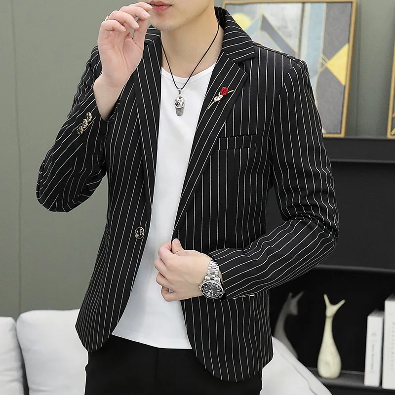 

Мужской приталенный повседневный костюм в полоску, однотонный, в британском стиле, молодежный, для бизнеса и отдыха, маленький западный костюм, модный, стильный.