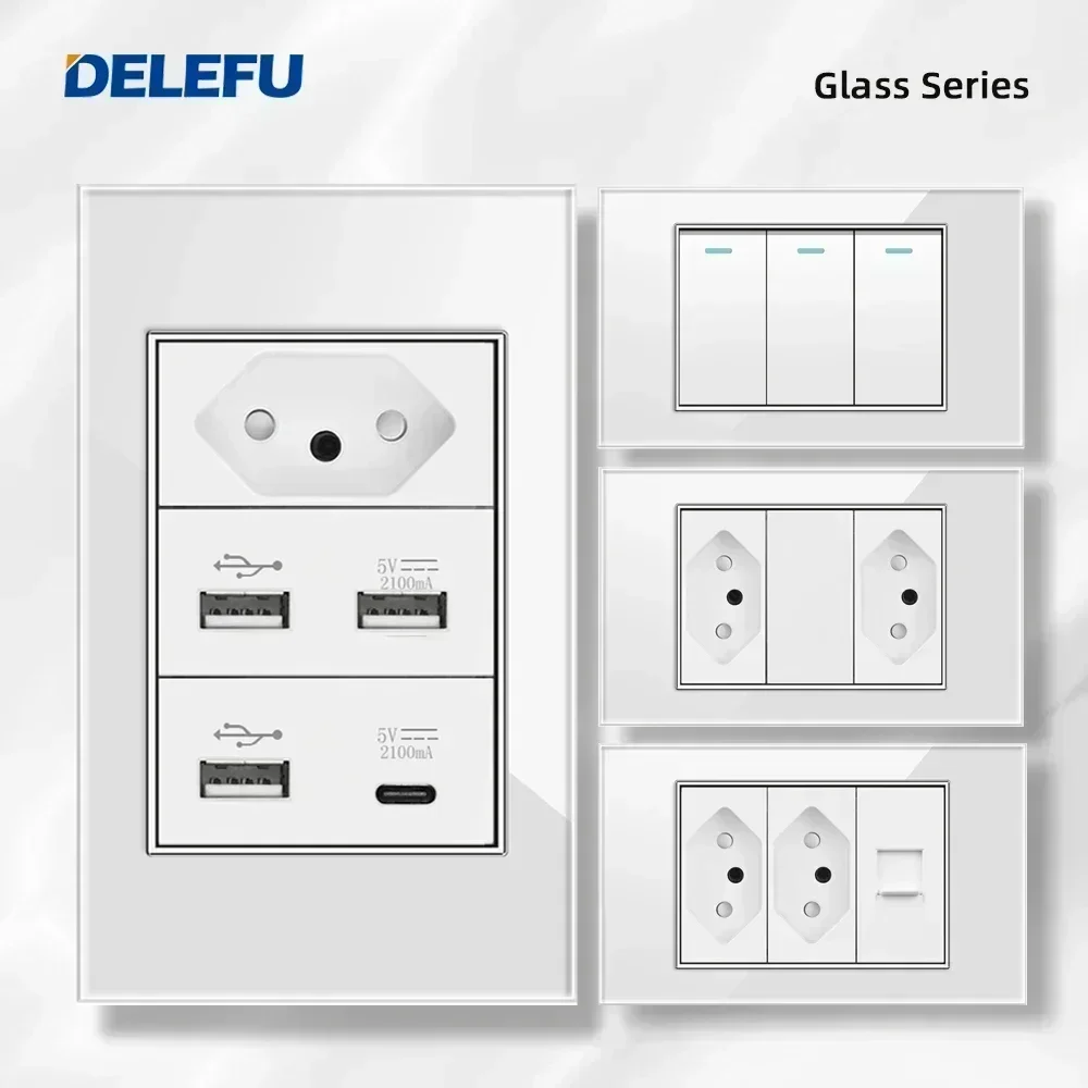 DELEFU 4*2 White Tempered Glass Brazil Standard Outlet with Double USB Type C Wall Power Socket Smart Switch Tuya Wifi 10A 20A