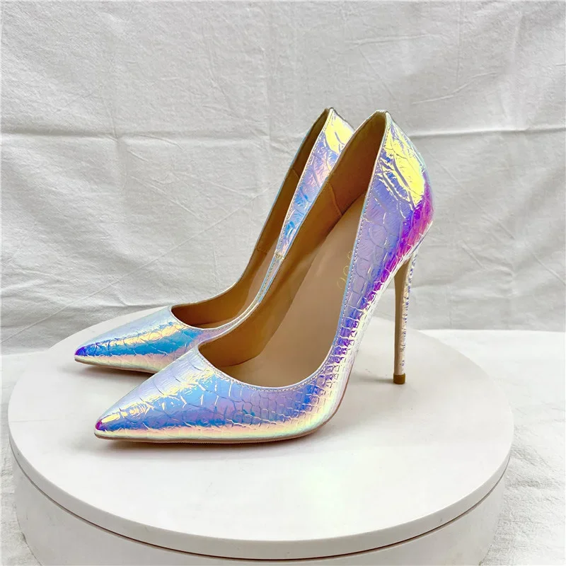 DRESS Women Pumps PU 2023 New Fashion Laser White Snake Pattern 12CM Pointed Thin Heel Shallow Mouth Single Shoe Woman Shoe