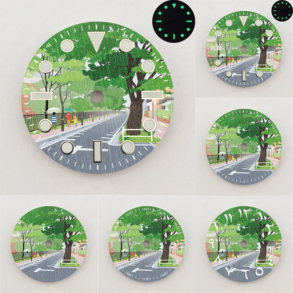 28.5mm NH35 Dial Green Road Landscape Dial Green Luminous Dial Color NH36 Dial Watch Accessories Fits NH35/NH36 Movement